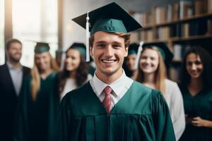 AI Generated Portrait happy cheerful proud male guy college university campus gown cap holding diploma enjoying celebrating graduate. Group international students smiling diverse academy graduates photo