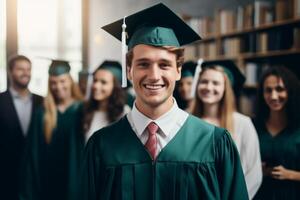 ai generado retrato contento alegre orgulloso masculino chico Universidad Universidad instalaciones vestido gorra participación diploma disfrutando celebrando graduado. grupo internacional estudiantes sonriente diverso academia graduados foto