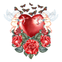 Cute little cupids with a bow on a red heart with roses and butterflies. Hand-drawn watercolor illustration. For lovers, Valentine's day and weddings. For posters, greeting cards, prints. png