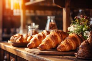 AI Generated Small cozy cafe coffee shop bakery completing order business interior sunny morning light barista offers cheap hot tasty cocoa latte cappuccino americano espresso baguette bread bun photo