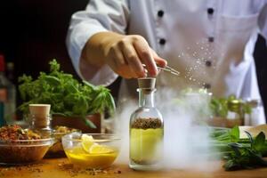 ai generado Maestro cocinero cocinar hombre manos precisamente Cocinando vendaje preparando sabroso Fresco delicioso Agua en la boca gastrónomo plato comida en plato a clientes 5 estrellas michelín restaurante cocina detallado foto