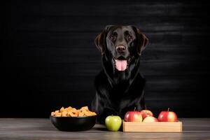 AI Generated Curious gorgeous hungry brown Labrador retriever dog eats natural food puppy sitting fresh fruits home kitchen looking camera. Healthy animal pet care veterinary vitamins vegetarian diet photo