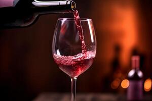 AI Generated Pouring red wine to glass party restaurant bar gourmet celebration luxury taste splashing grape alcohol expensive drink bordeaux chateu cabernet bottle refreshment toned drops bubbles photo