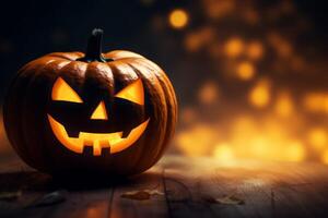 AI Generated Happy Halloween party Jack O Lantern orange pumpkin scary spooky creepy carving evil smile angry face glowing. Trick treat holiday dark mysterious night eerie horror October nightmare photo