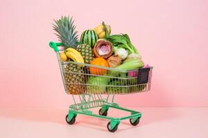 AI Generated Grocery store cart basket fresh vegetables shopping fruits natural farmer diet groceries food freshness handful clean cultivated juicy vegetable fit organic healthy vitaminized products photo