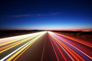 AI Generated Night city traffic blurred cars long exposure lights evening highway lane movement fast transit car motion auto illuminated vehicle transportation street high speed light trails abstract photo