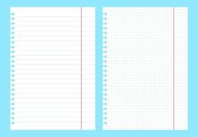 Blank gridded notebook papers. Pads paper sheets with lines and squares. Homework and exercises templates. White blank notebook papers. School supplies. vector