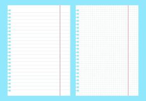 Blank gridded notebook papers. Pads paper sheets with lines and squares. Homework and exercises templates. White blank notebook papers. School supplies. vector
