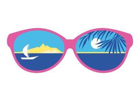 Close-up of sunglasses reflecting ocean view with a sunny island, palm tree silhouettes, and a sailboat. Isolated. Travel and summer concept design element. vector