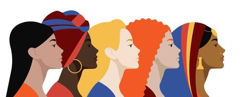 A row of diverse profile portraits of women. Unity, individuality, women union around the world. Each one as a symbol of unique culture. International woman day. vector