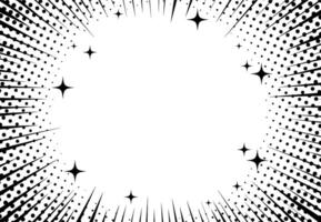 Manga anime action frame with action lines, halftone shading, and sparkling stars. Dynamic energy and excitement backdrop in a black and white graphic style. vector