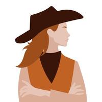 Profile view of a cowgirl silhouette in a hat. Standing with arms crossed in a confident pose. Isolated. Head and chest only. vector