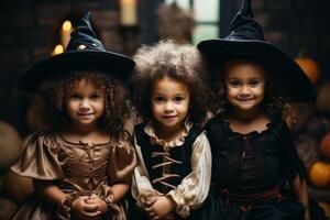 AI Generated Portrait group multiethnic joyful funny toddler kids children boys girls friends dresses crazy witch spooky costumes posing. Happy Halloween party pumpkins trick treat night indoors photo