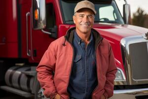 ai generado logístico centrar carga camiones transporte Envío camión entrega carga la carretera. retrato hombre conductor conducción camión coche Listo viajar. portador almacén almacenamiento vehículo carga envío foto