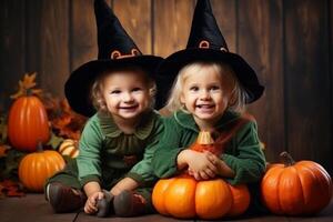 AI Generated Portrait two joyful funny toddler kids little cute children boys girls friends dresses crazy witch spooky costumes posing. Happy Halloween party pumpkins trick treat night indoors holiday photo