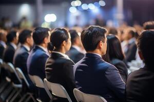 AI Generated Diverse group backs of young people sitting outdoors man woman students listening speaker watching presentation conference cinema concert. Business education learning study photo