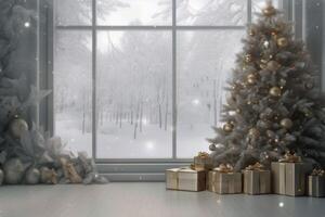 AI Generated Amazing modern Christmas tree presents gifts boxes near large window snowing. Holidays New year Xmas eve winter cozy home decorated house stylish living room design festive event interior photo