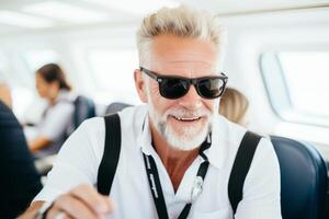 AI Generated Portrait cheerful smiling excited senior elderly man male guy captain inside cruise ship yacht private jet airplane pilot enjoying vacations journey tour trip weekend navigation sailing photo