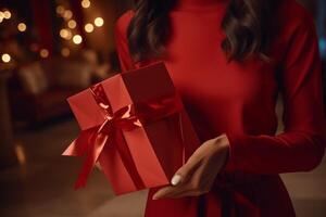 AI Generated Portrait unrecognizable young African American female woman lady holding giving gift box present red bow blurred Black Friday celebration congratulations greeting sale festive surprise photo