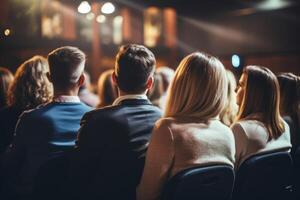 AI Generated Diverse group backs of young people sitting outdoors man woman students listening speaker watching presentation conference cinema concert. Business education learning study photo