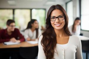 AI Generated Female student young woman girl at table sit in class university high school college classroom during lesson lecture education studies study learning listening teacher professor teen photo