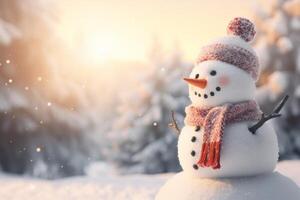 ai generado Navidad invierno sonriente contento monigote de nieve escarchado nieve nuevo año celebracion fiesta linda decoración saludo diciembre víspera cara gracioso blanco bola de nieve con bufanda sombrero Zanahoria Navidad festividad brillante foto