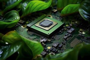 ai generado planta creciente desde procesador crecer naturaleza computadora hardware ecología sostenible Respetuoso del medio ambiente tecnología tecnología moderno computadora chip verde hojas natural belleza hoja árbol oxígeno pastilla foto