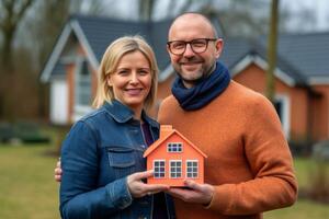 AI Generated Portrait happy mature Caucasian family smiling couple man woman wife husband holding hand small house model outside cheerful homeowners purchasing apartment mortgage loan investment photo
