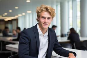 AI Generated Happy male student young man guy at table sit in class university high school college classroom during lesson lecture education studies study learning listening teacher professor teen photo