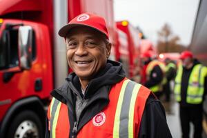 ai generado logístico centrar carga camiones transporte Envío camión entrega carga la carretera. retrato hombre conductor conducción camión coche Listo viajar. portador almacén almacenamiento vehículo carga envío foto