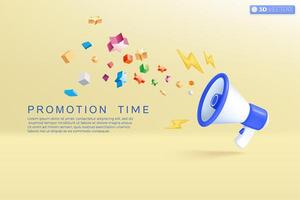 3d megaphone speaker with lightning icon symbol. loudspeaker announce discount promotion, Sell reduced prices, Marketing time concept. 3D vector isolated illustration, Cartoon pastel Minimal style.