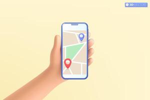 3d hand holding mobile phone with pinpoint on the map icon symbol. delivery tracking, location, destination, gps map navigation concept. 3D vector isolated illustration, Cartoon pastel Minimal style.