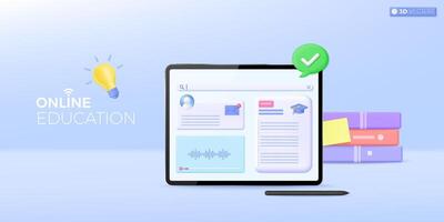 3d online education icon symbol. Tablet computer, stacks of book, stylus pen, speech bubble, online course application e-learning concept. 3D vector isolated illustration, Cartoon pastel Minimal style