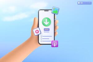 3d hand holding mobile phone download data from cloud system. Photo, video and podcsat icon. file sharing and data transfer concept. 3D vector isolated illustration, Cartoon pastel Minimal style.