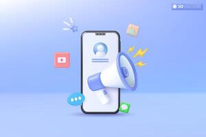 3d Social media on mobile application icon symbol. megaphone announce promotion, video, photo gallery, speech bubble, smartphone concept. 3D vector isolated illustration, Cartoon pastel Minimal style.