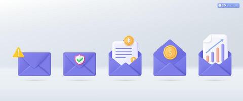 3d Violet mail envelope icon set symbol. Render email exclamation mark, Graph, Shield, gold coin,crypto currency icon. Investment concept. 3D vector isolated illustration, Cartoon pastel Minimal style