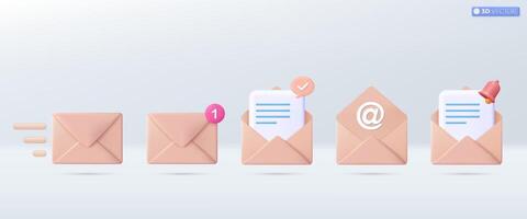 3d Old Rose mail envelope icon set symbol. Render email notification with letters, check mark, paper plane icons. communication concept. 3D vector isolated illustration, Cartoon pastel Minimal style.