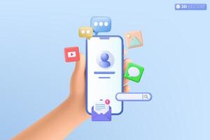 3d hand holding mobile phone social media icon symbol. video and photo gallery, email, Speech bubble, Instant messenger template concept. 3D vector isolated illustration, Cartoon pastel Minimal style.