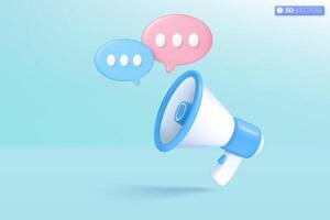 3d megaphone speaker icon symbol. Notification bell, speech bubble, loudspeaker announce discount promotion, Sell reduced prices concept. 3D vector isolated illustration, Cartoon pastel Minimal style.