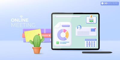 3d online meeting icon symbol. Notebook computer, stacks of book, Graph, reminder, Notification bell, calendar, online conference concept. 3D vector isolated illustration, Cartoon pastel Minimal style