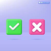 Right and Wrong icon symbols. check mark, cross mark, yes, accepted and rejected concept. 3D vector isolated illustration design Cartoon pastel Minimal style. You can used for design ux, ui, print ad.