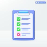 Checklist on 3D clipboard paper icon symbol. Document in test form, Questionnaire with notes, Planning and organization of work concept. 3D vector isolated illustration, Cartoon pastel Minimal style.