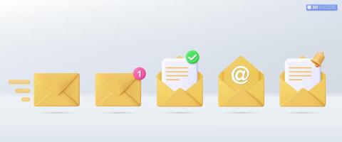 3d Yellow mail envelope icon set symbol. Render email notification with letters, check mark, paper plane icons. communication concept. 3D vector isolated illustration, Cartoon pastel Minimal style.