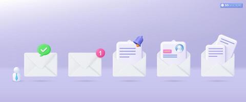 3d White mail envelope icon set symbol. Render email notification with letters, CV Resume icons, Recruit, employee. communication concept. 3D vector isolated illustration, Cartoon pastel Minimal style