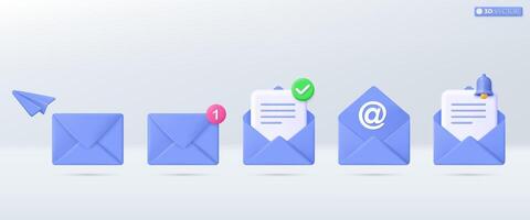 3d blue mail envelope icon set symbol. Render email notification with letters, check mark, paper plane icons. communication concept. 3D vector isolated illustration, Cartoon pastel Minimal style.