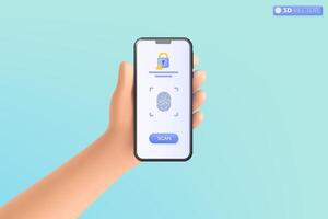 3d mano participación móvil teléfono escanear huella dactilar ciber seguro icono símbolo. reconocimiento identidad, biométrico autorización seguridad concepto. 3d vector aislado ilustración, dibujos animados pastel mínimo estilo.