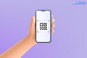 3d hand holding mobile phone scanning QR code icon symbol. Shopping special offer marketing promotion, mockup. online shopping concept. 3D vector isolated illustration, Cartoon pastel Minimal style.