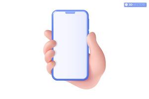 3d hand holding mobile phone icon symbol. Realistic smartphone with empty screen, Phone mockup. Editable device mobile template concept. 3D vector isolated illustration, Cartoon pastel Minimal style.