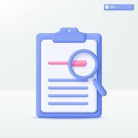 3D Magnifying glass with paper on clipboard icon symbol. Successfully complete business assignment, Research, Business data check concept. 3D vector isolated illustration, Cartoon pastel Minimal style