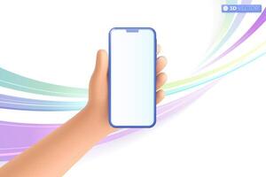 3d hand holding mobile phone icon symbol. Realistic smartphone with empty screen on abstract background, Phone mockup template concept. 3D vector isolated illustration, Cartoon pastel Minimal style.